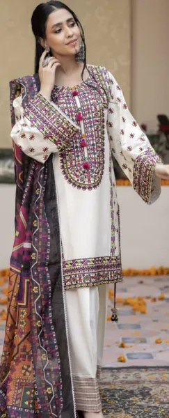 Pakistani Rangoon Stitched Cotton 3pcs _ Off White